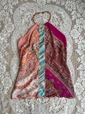 Julie Mango Two-in-One Scarf Halter Top and Necklace, Orange & Pink, Size M